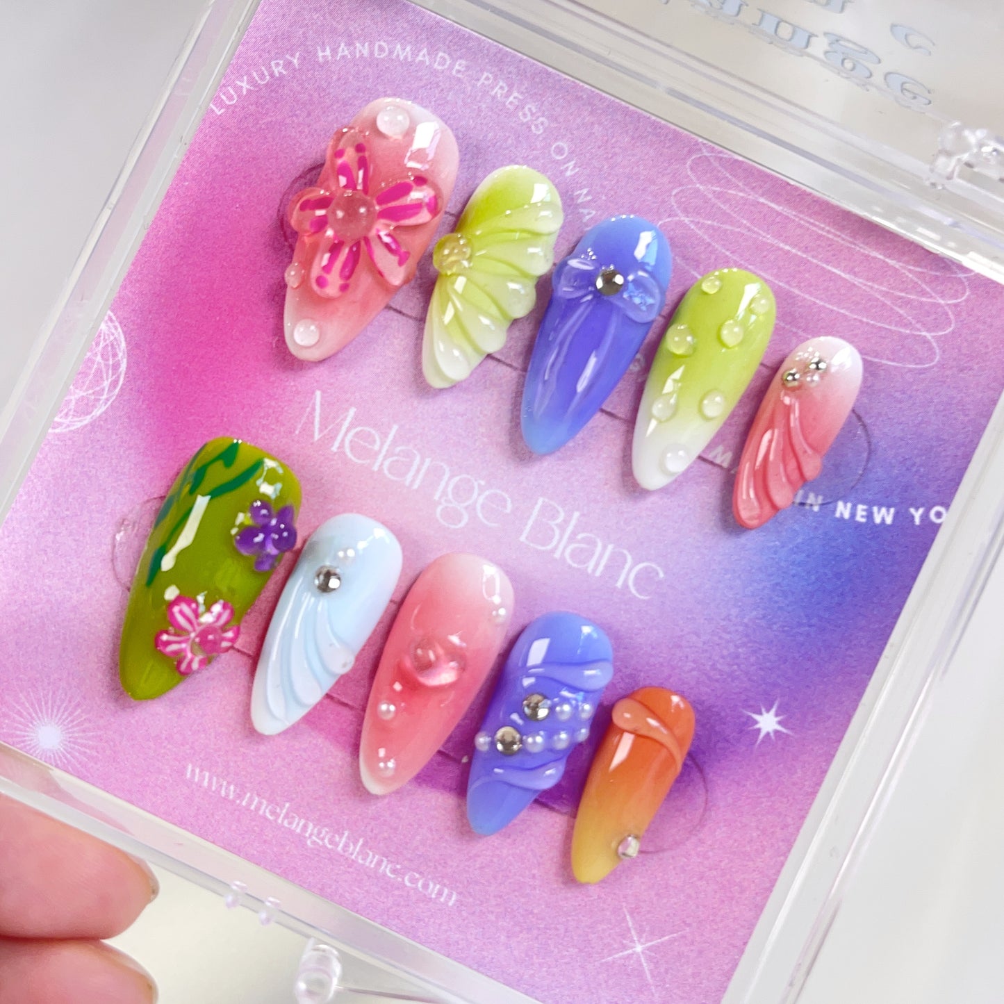 Blooming garden colorful 3D flower almond press on nails - RTS