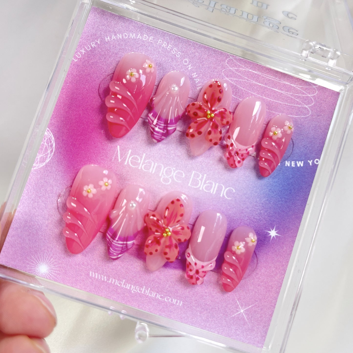 Fuchsia ombre pink 3D orchid flower almond press on nails - RTS