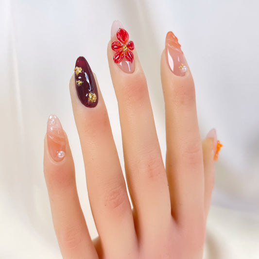 Autumn brown 3D red flower almond press on nails