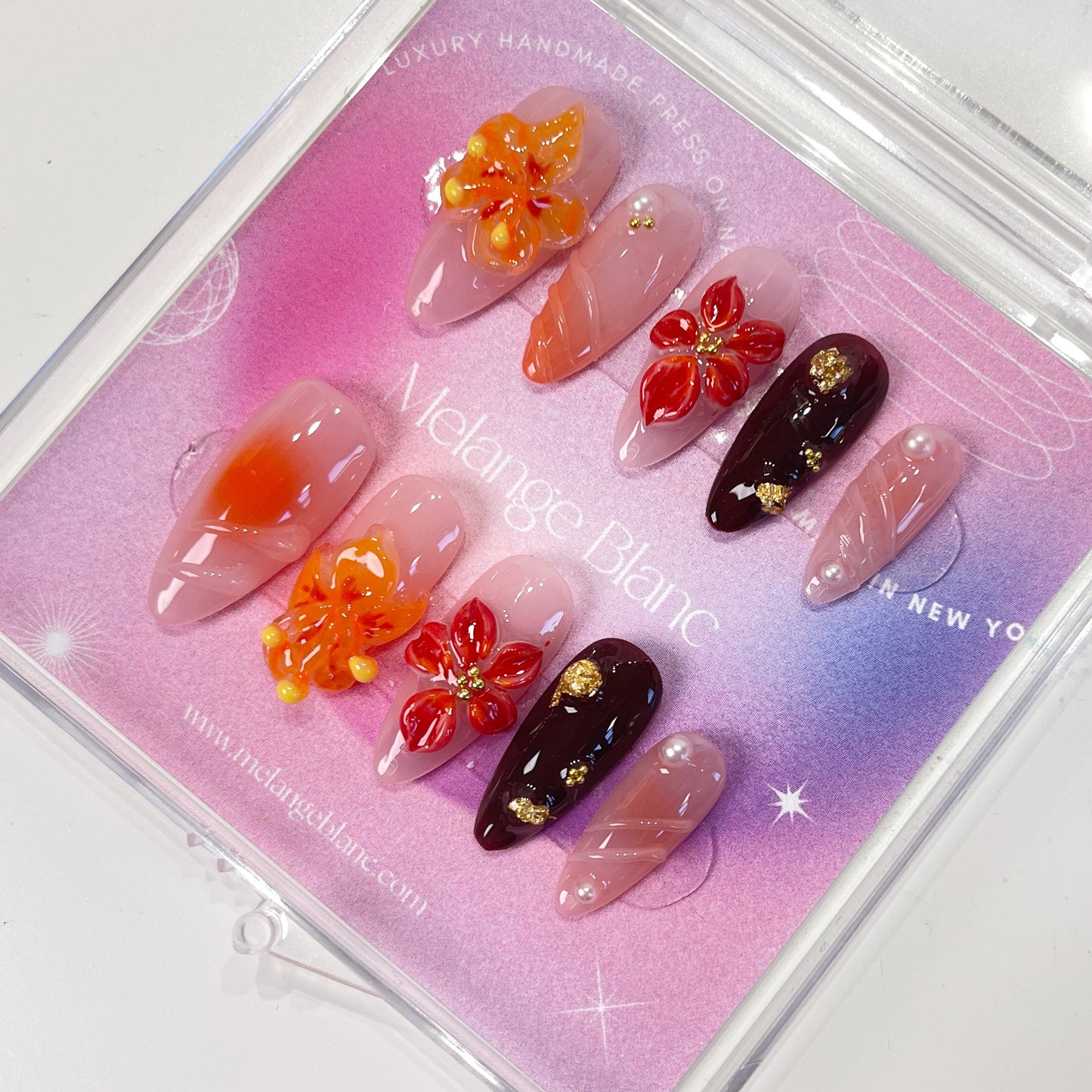 Autumn brown 3D red flower almond press on nails - RTS