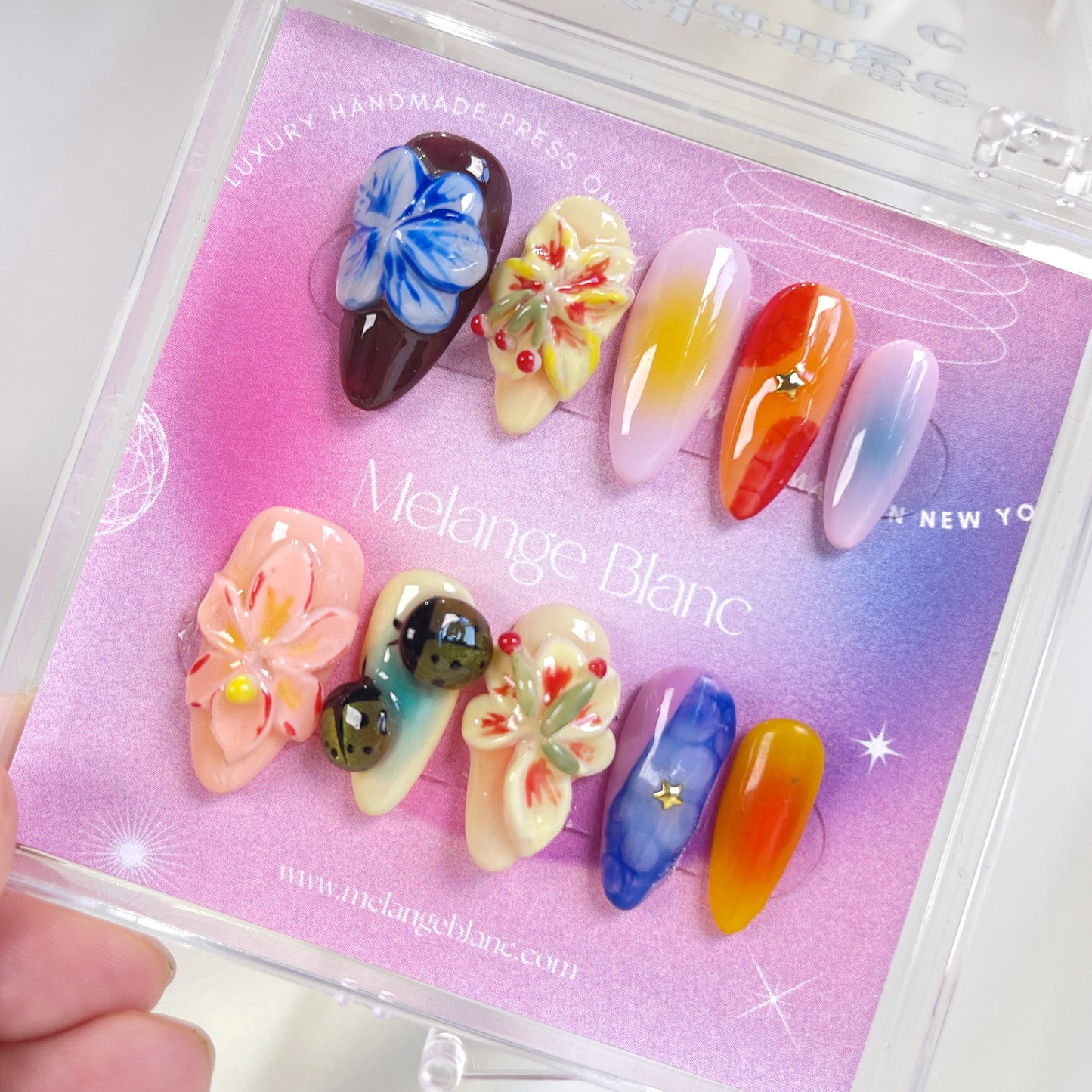 Pastel garden 3D flower ladybug almond press on nails - RTS