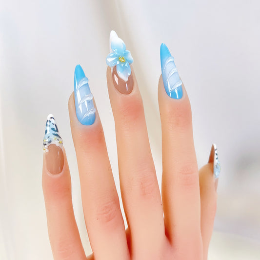 Sky blue ombre white flower animal print stiletto press on nails