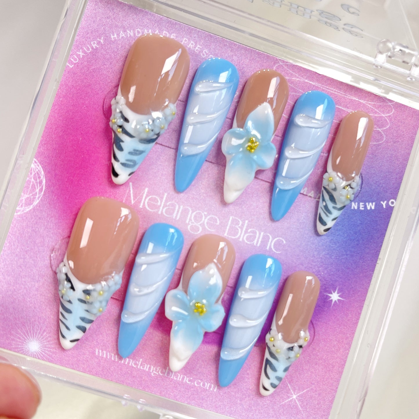 Sky blue ombre white flower animal print stiletto press on nails - RTS