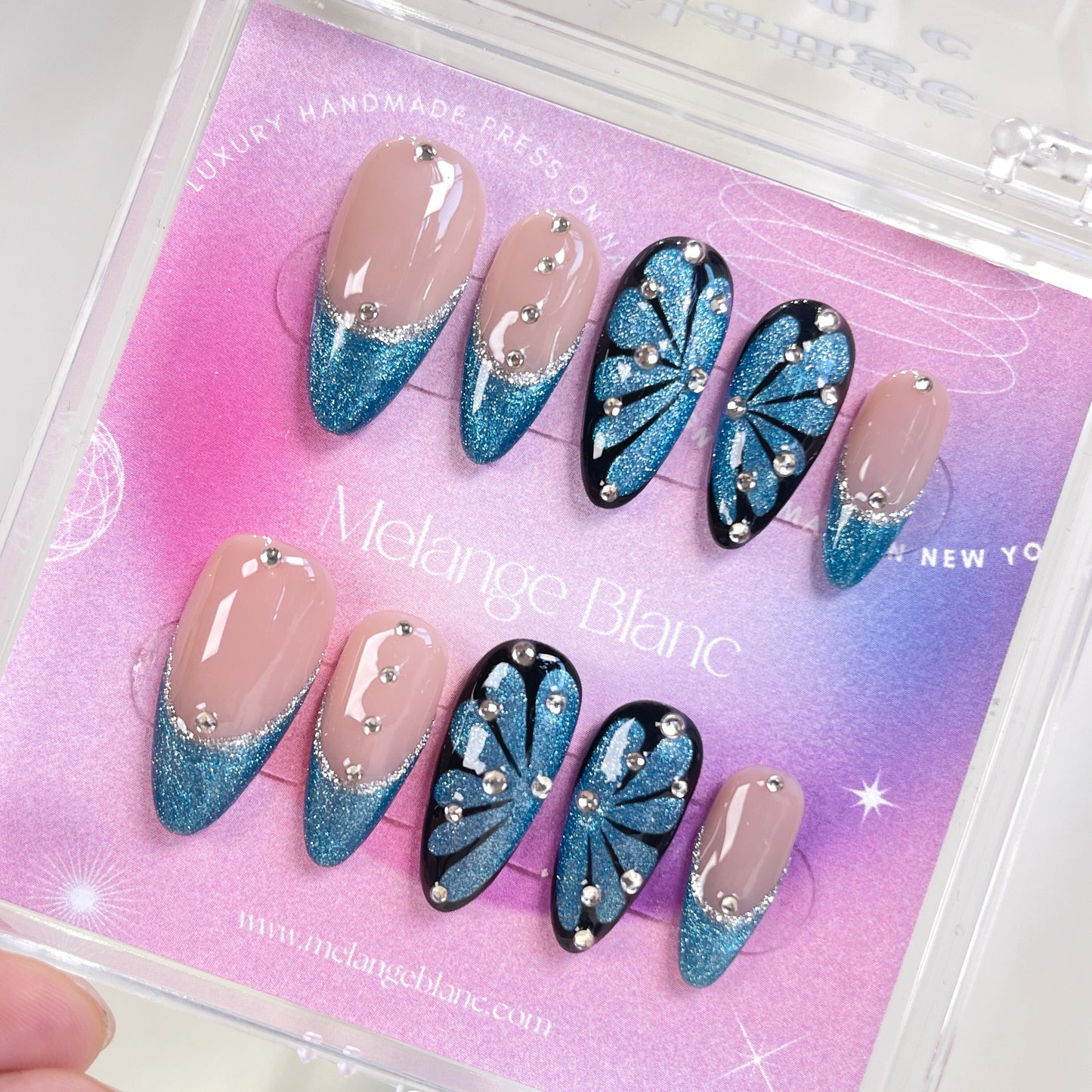 Blue cateye butterfly rhinestone almond press on nails