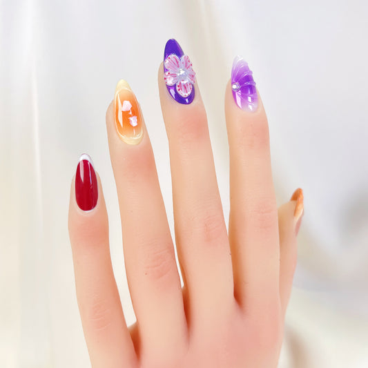 Purple & orange ombre 3D flower french almond press on nails