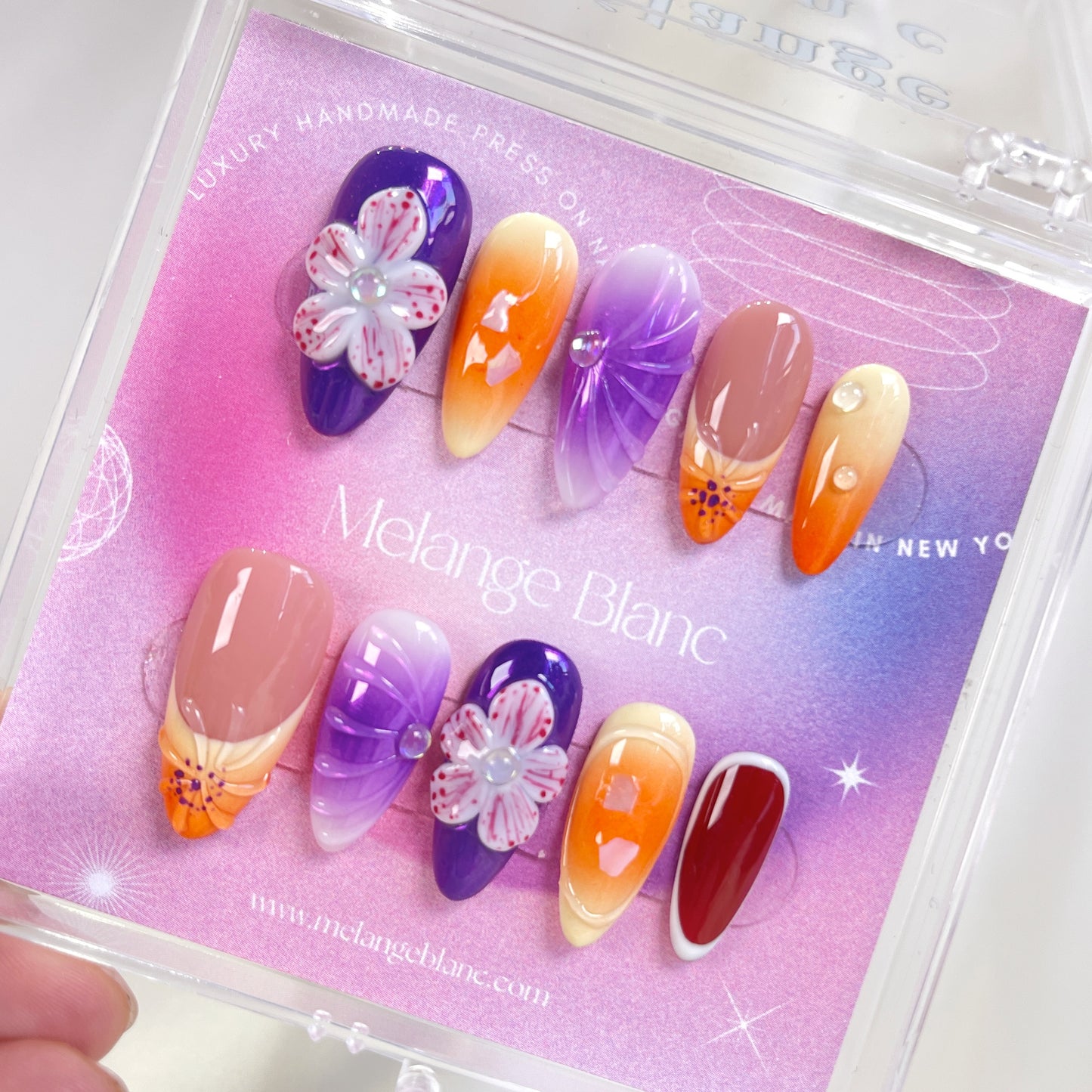 Purple & orange ombre 3D flower french almond press on nails - RTS