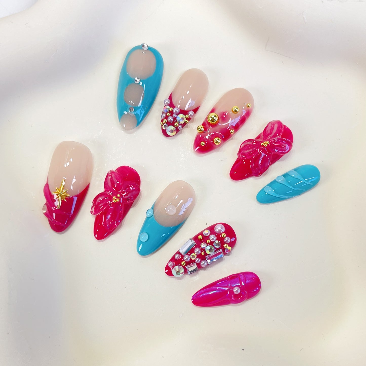 PO088 flower crystal gem almond press on nails