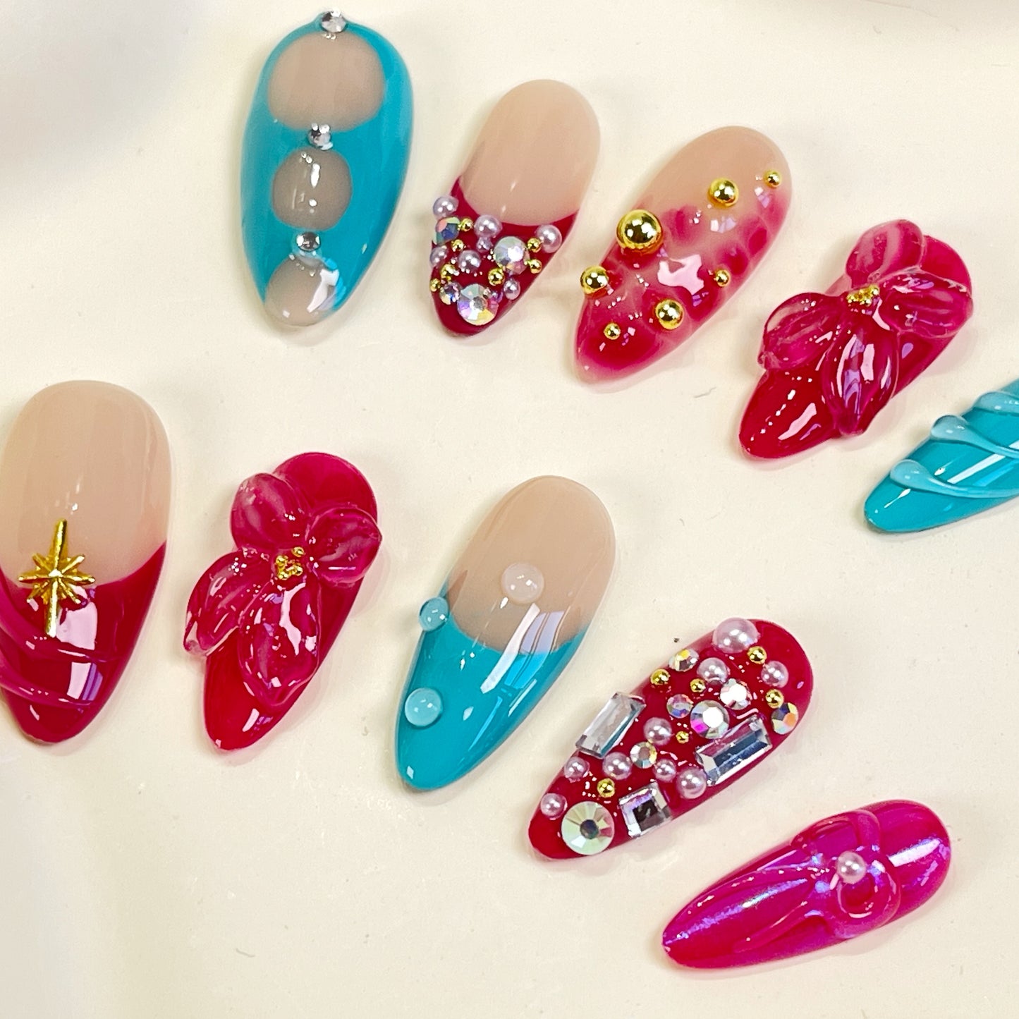PO088 flower crystal gem almond press on nails