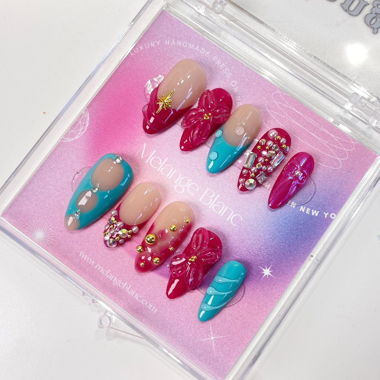 Turquoise & fuchsia flower crystal rhinestone almond press on nails - RTS