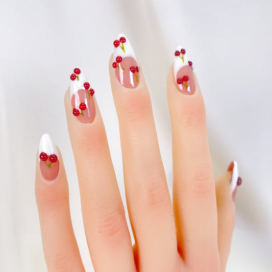 Red cherry white french tips almond press on nails