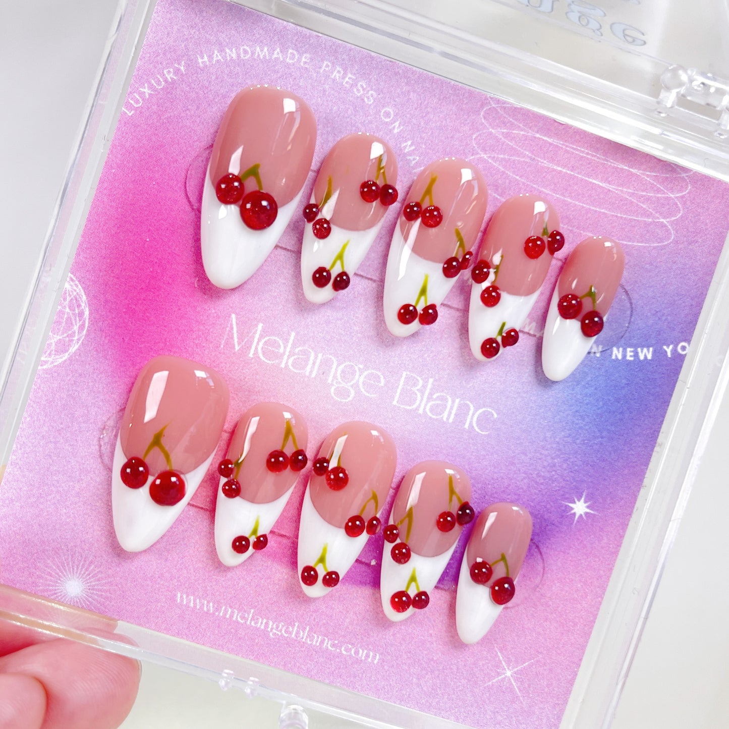 Red cherry white french tips almond press on nails - RTS