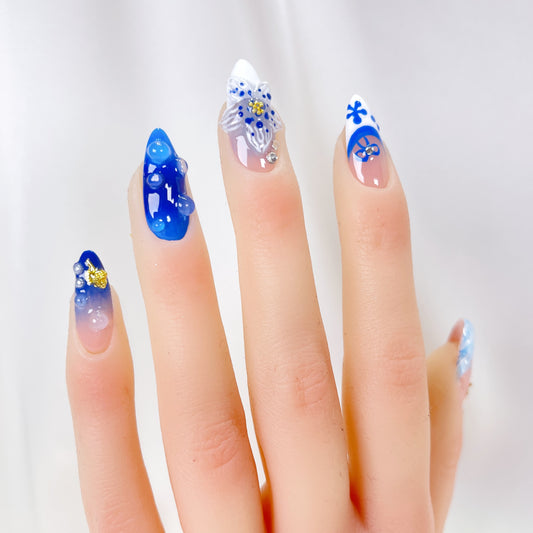 Ocean blue 3D orchid flower beach almond press on nails