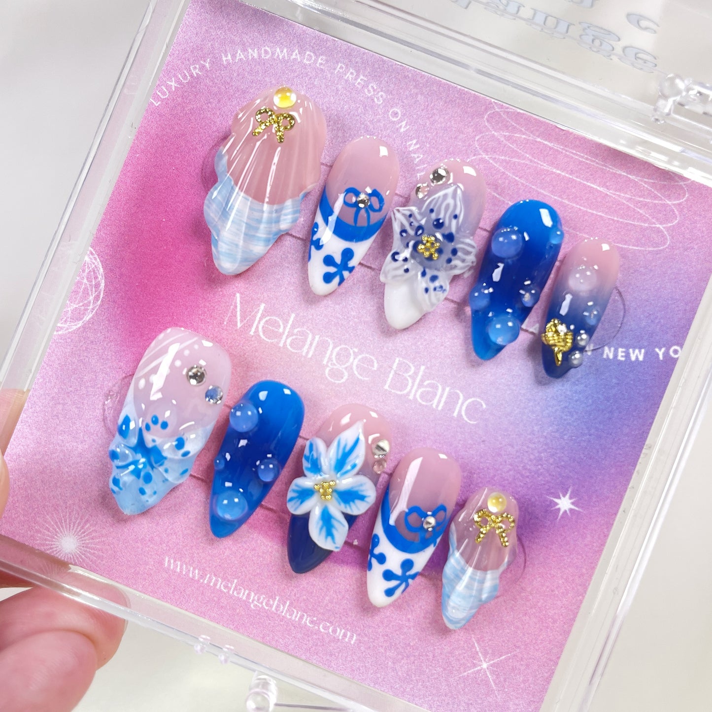 Ocean blue 3D orchid flower beach almond press on nails - RTS