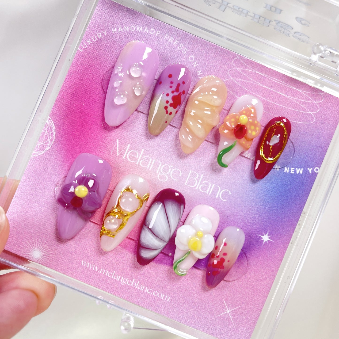 Purple 3D orchid flower almond press on nails - RTS