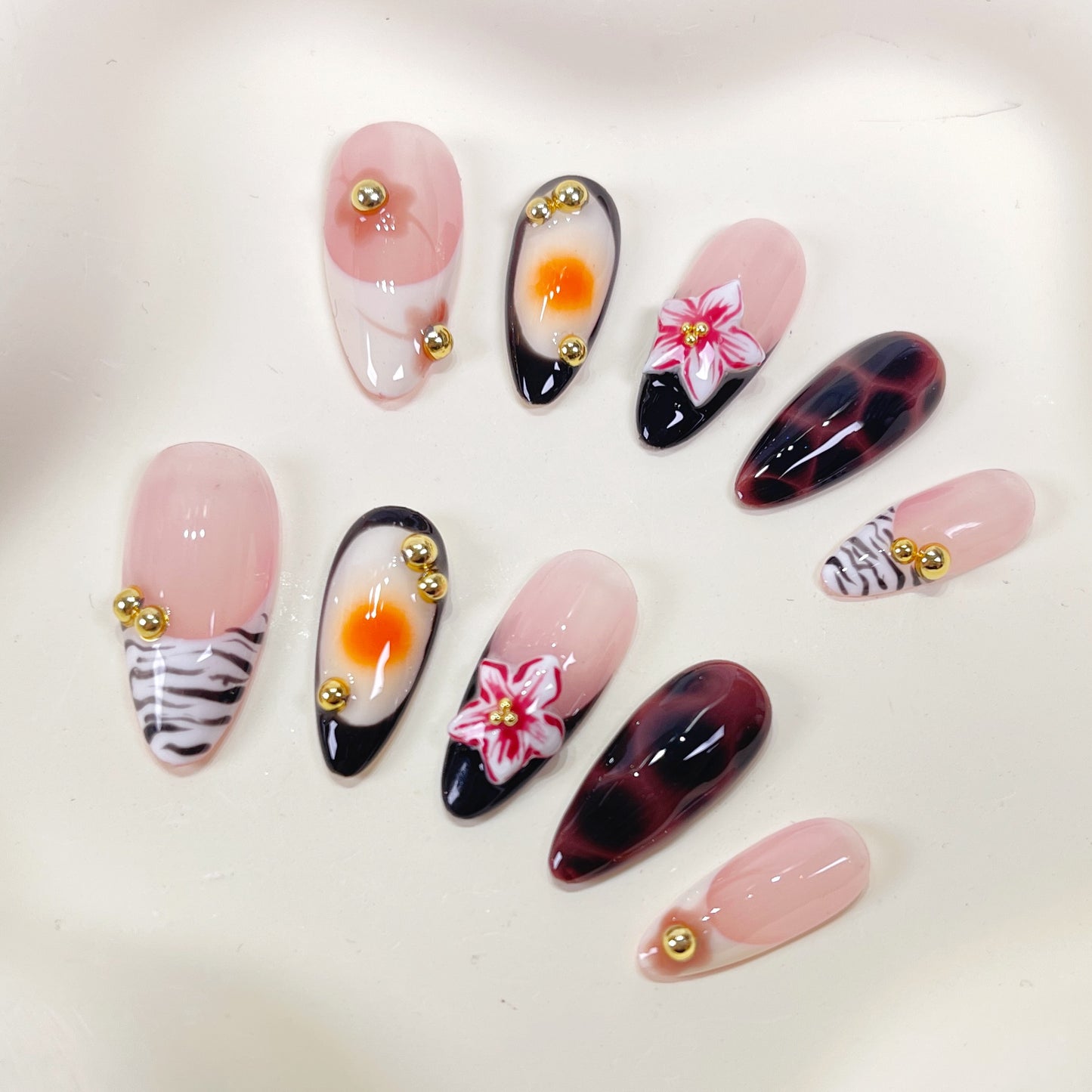 PO095 3d flower autumn almond press on nails