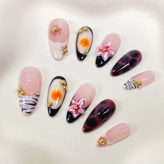 PO095 3d flower autumn almond press on nails