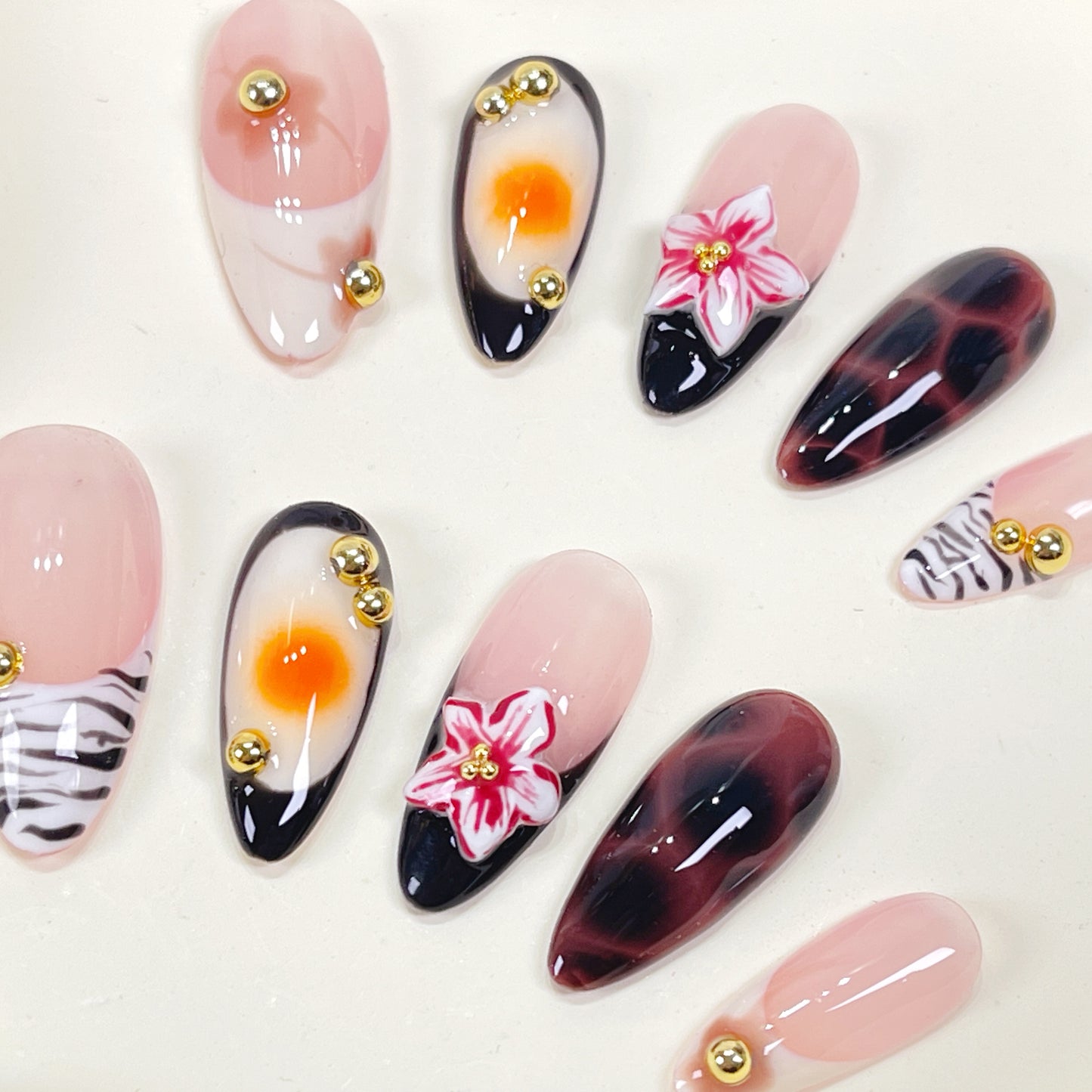 PO095 3d flower autumn almond press on nails
