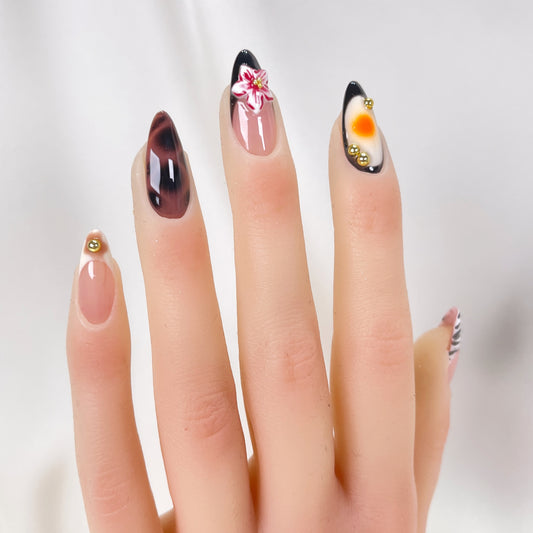 Autumn animal print 3D flower fall almond press on nails