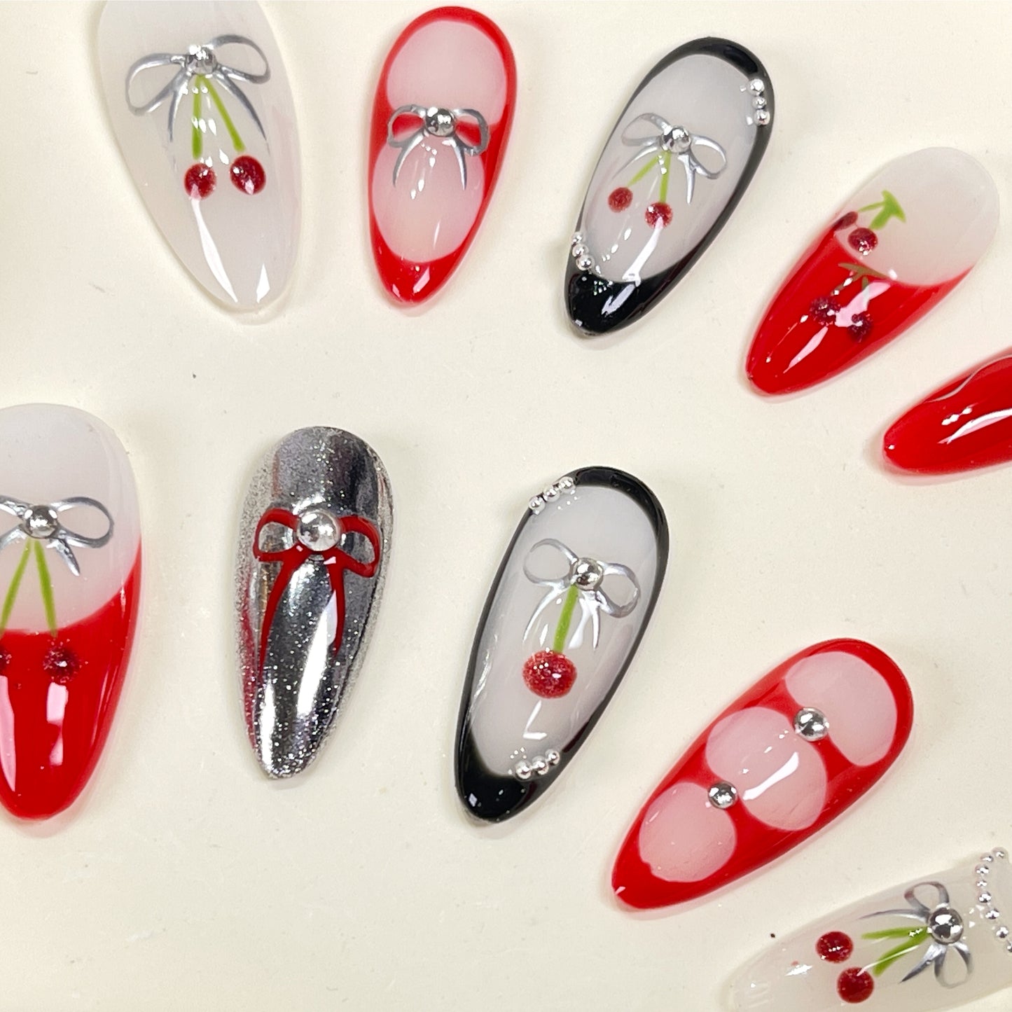 Red cherry silver chrome french tips almond press on nails