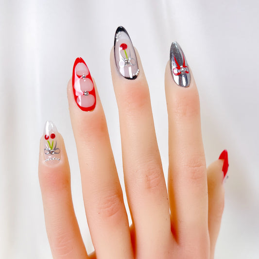 Red cherry silver chrome french tips almond press on nails