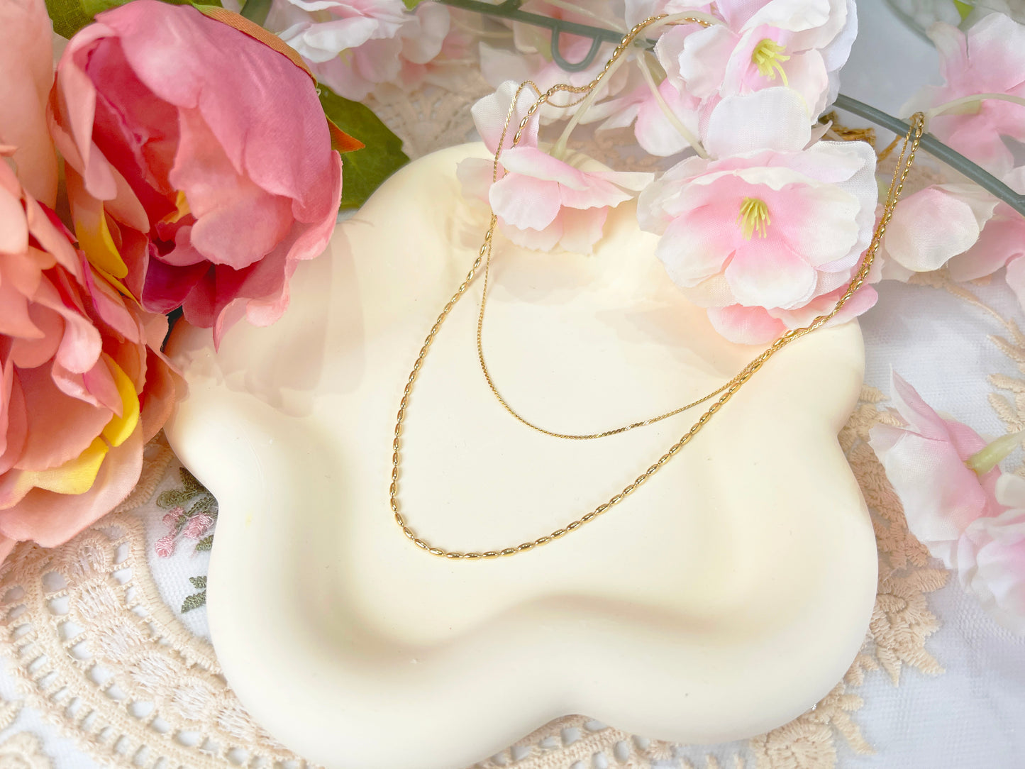 N018 gold double strand beaded chain necklace