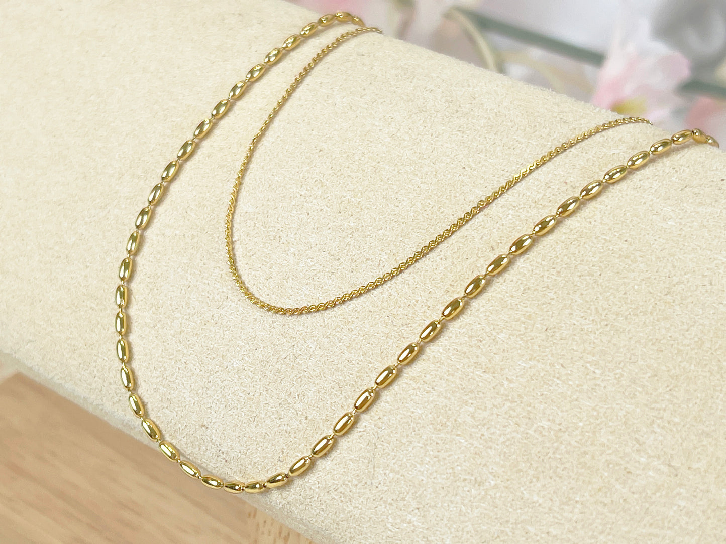 N018 gold double strand beaded chain necklace