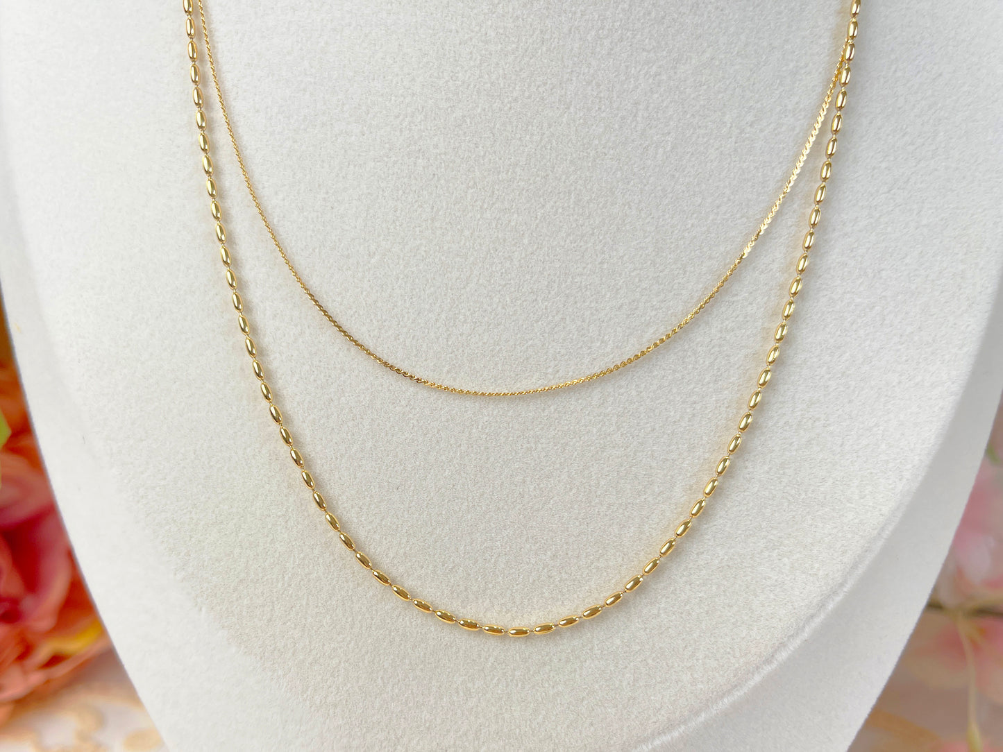 N018 gold double strand beaded chain necklace