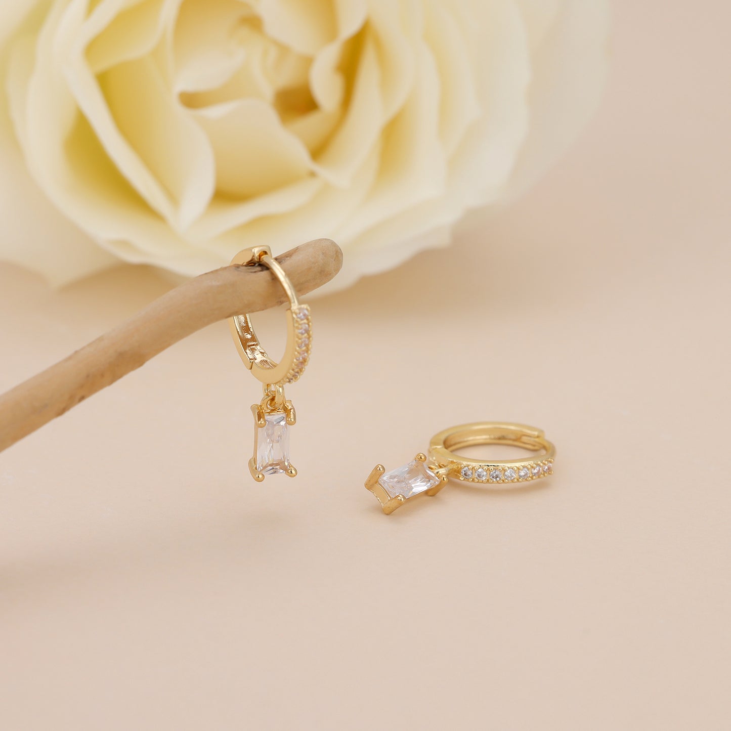 E143 paved baguette dangle huggie hoop earrings