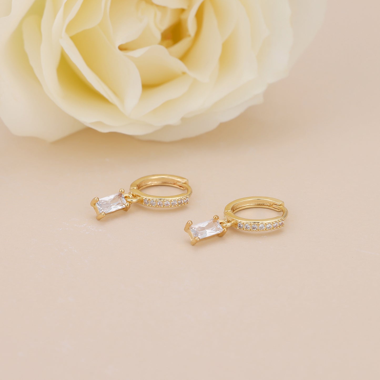 E143 paved baguette dangle huggie hoop earrings