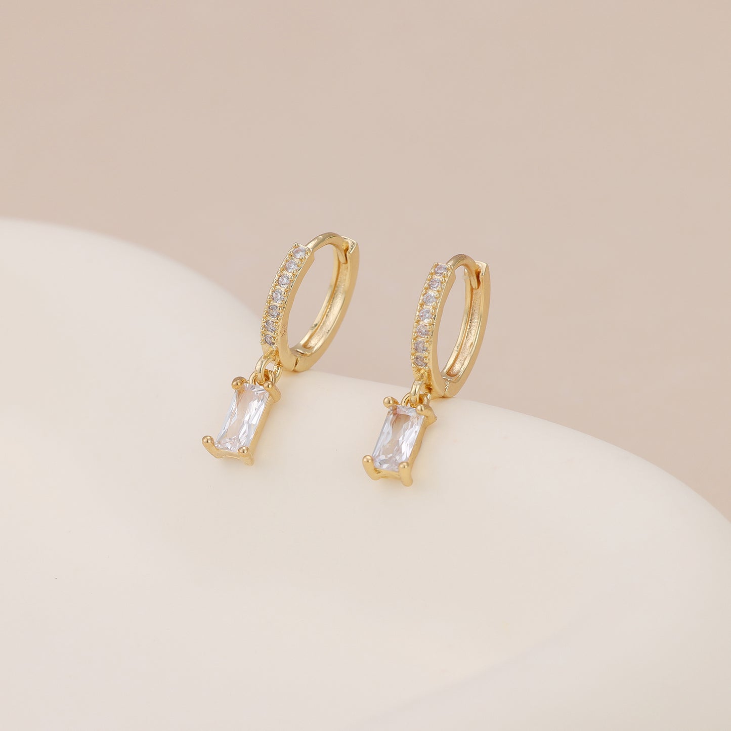 E143 paved baguette dangle huggie hoop earrings