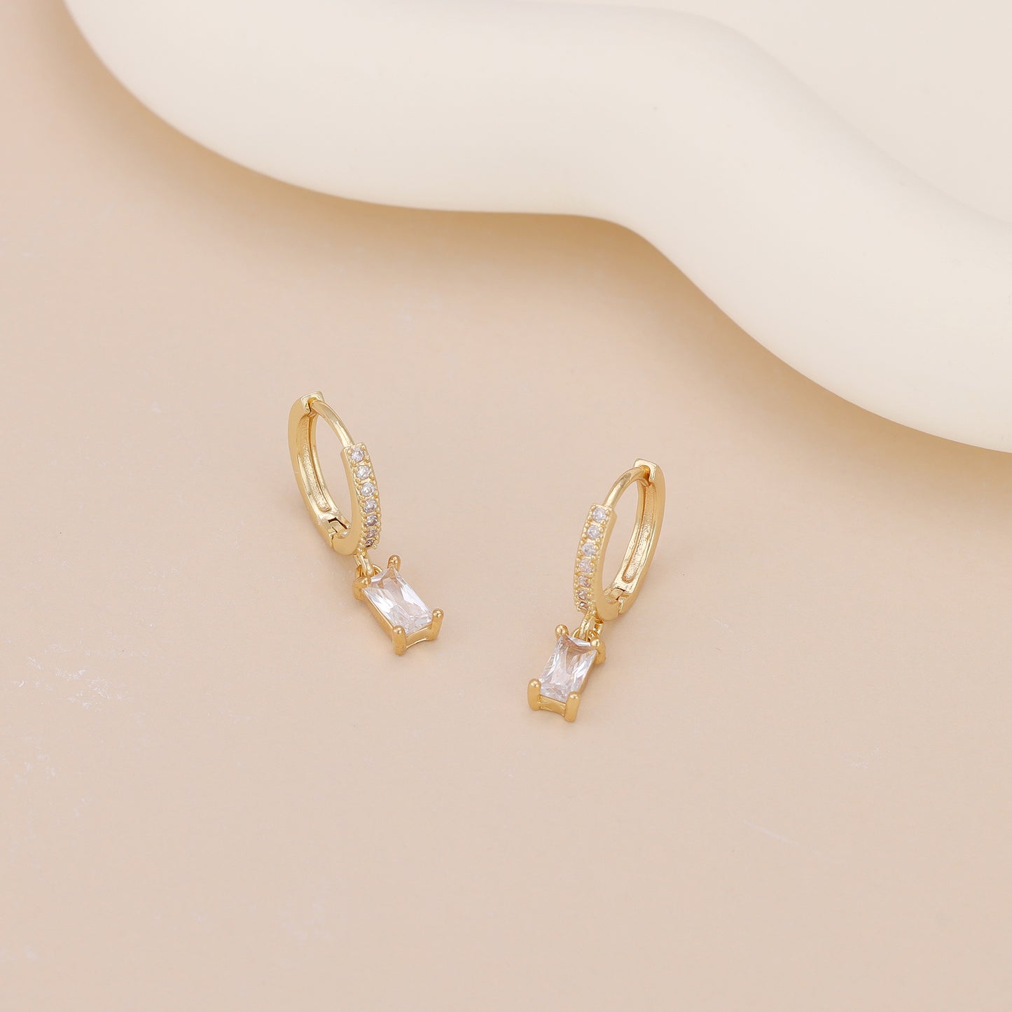 E143 paved baguette dangle huggie hoop earrings