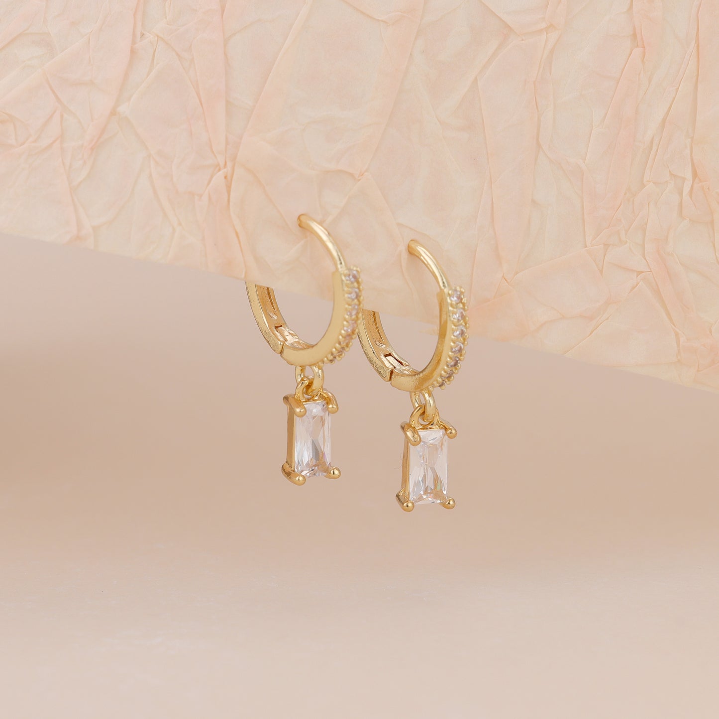 E143 paved baguette dangle huggie hoop earrings