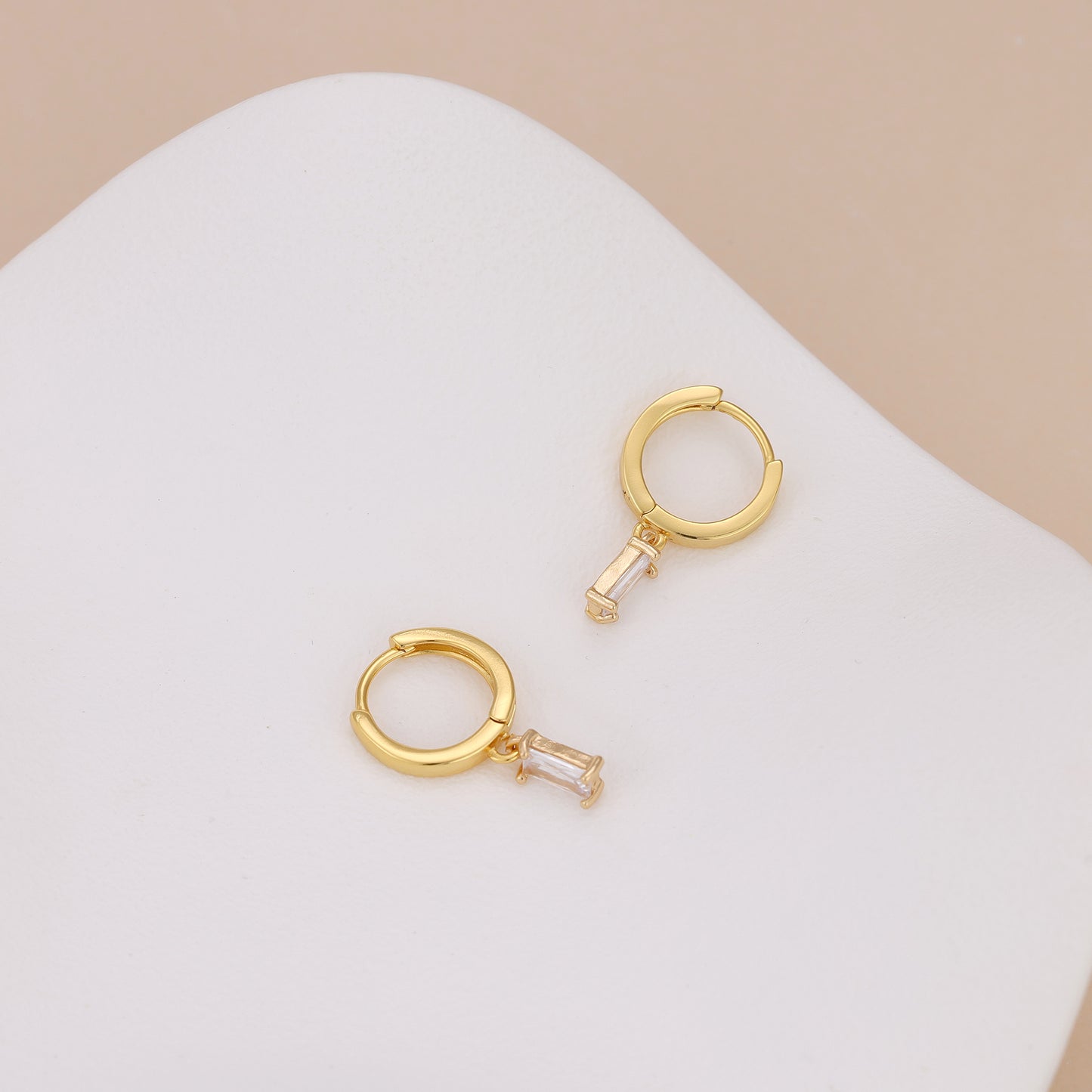 E166 gold baguette dangle huggie hoop earrings