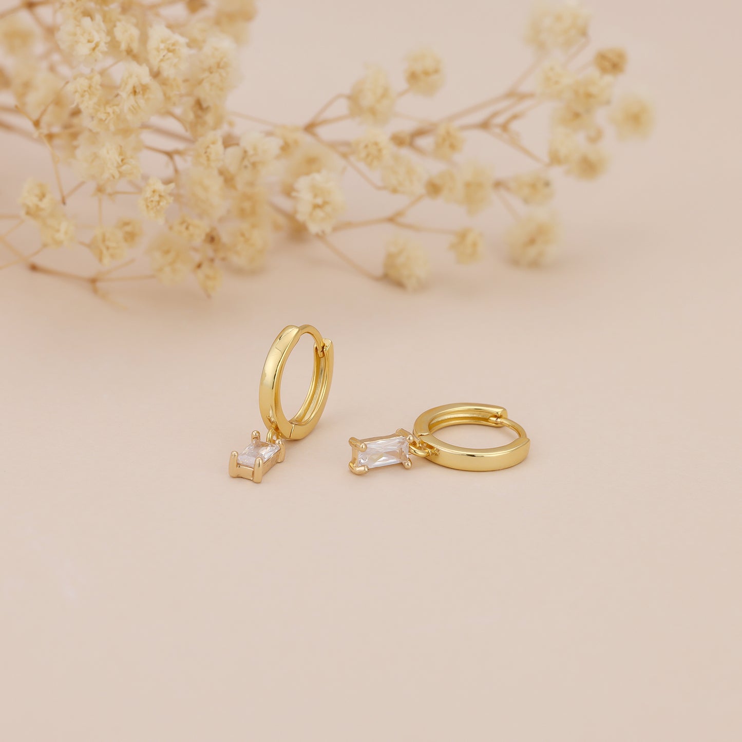 E166 gold baguette dangle huggie hoop earrings