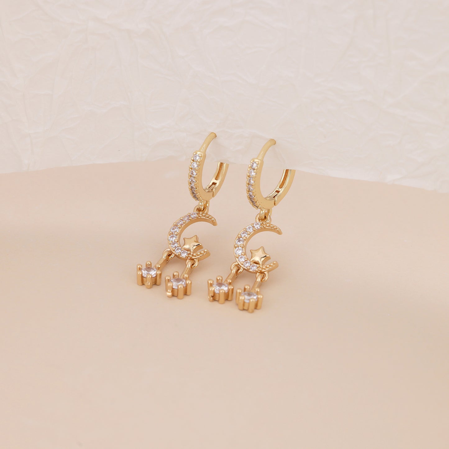 E144 gold huggie hoop crystal paved moon star dangle earrings