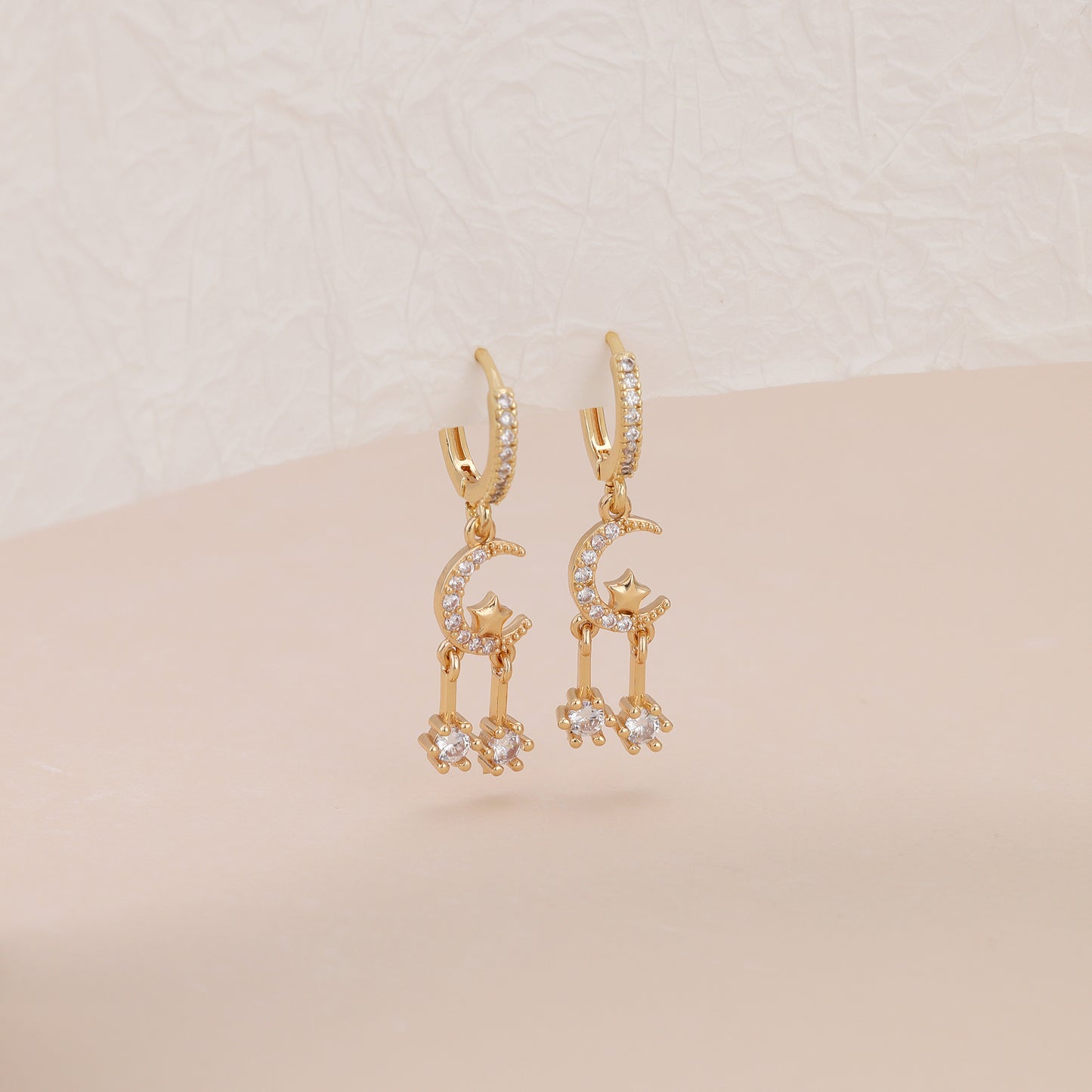 E144 gold huggie hoop crystal paved moon star dangle earrings
