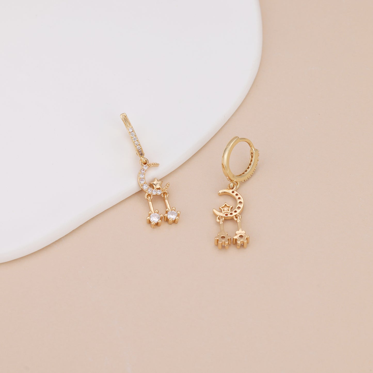 E144 gold huggie hoop crystal paved moon star dangle earrings