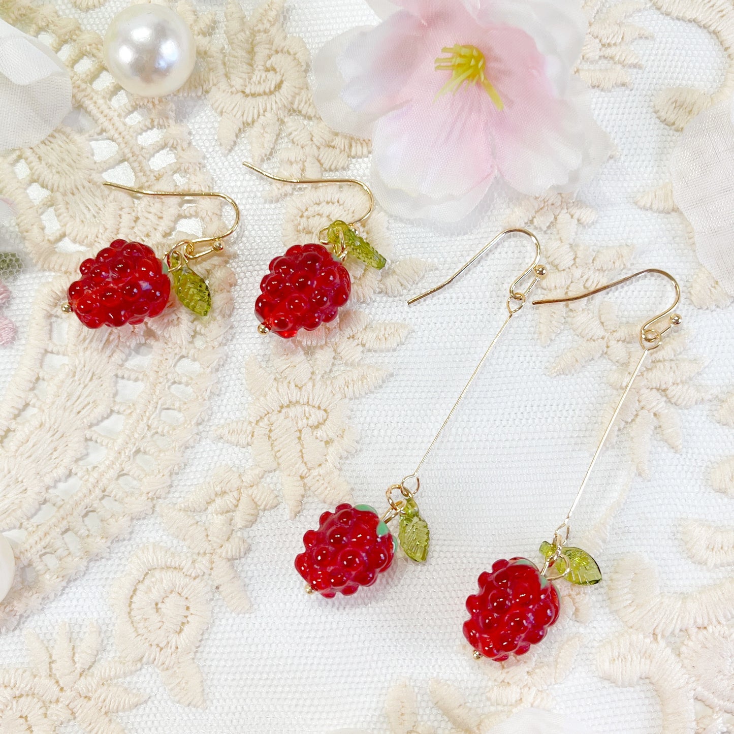 E229 red raspberry earrings, dangle earrings, fruit earrings
