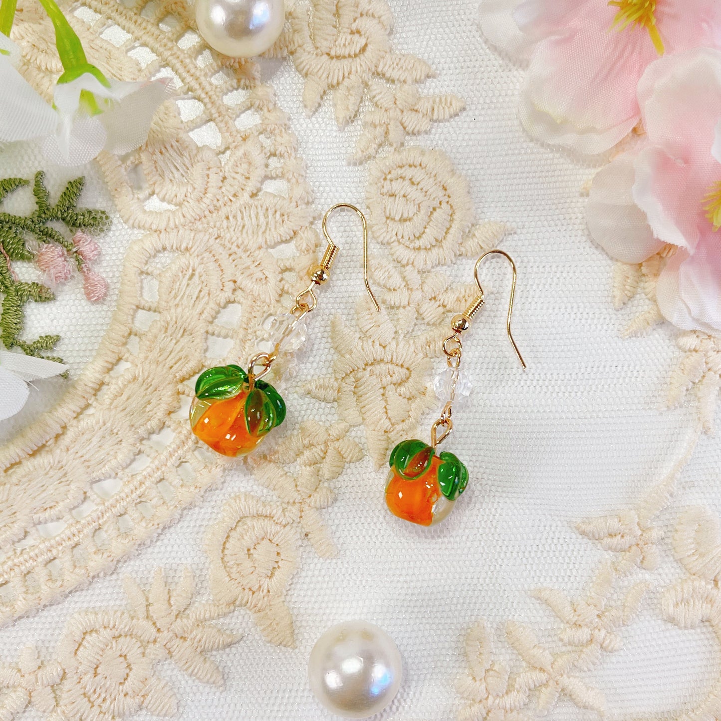 E228 fruit earrings, dangle earrings, persimmon earrings
