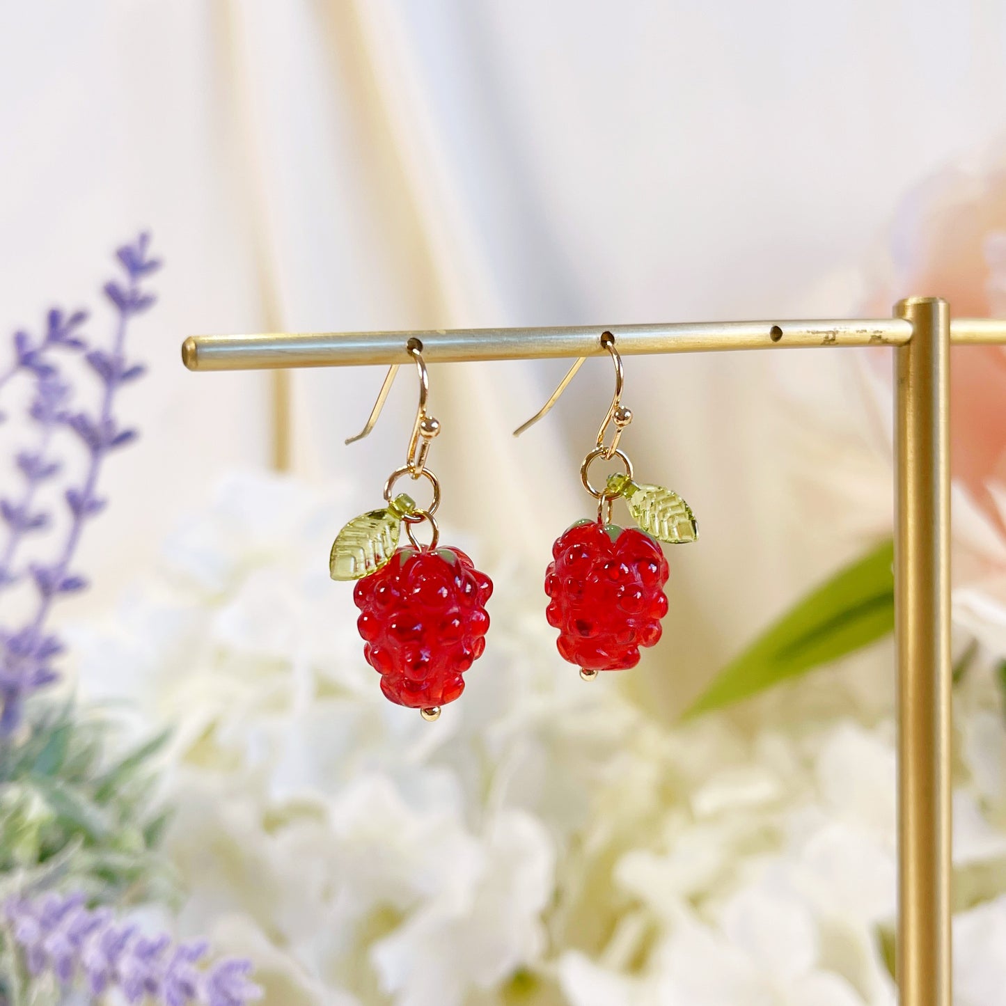 E229 red raspberry earrings, dangle earrings, fruit earrings