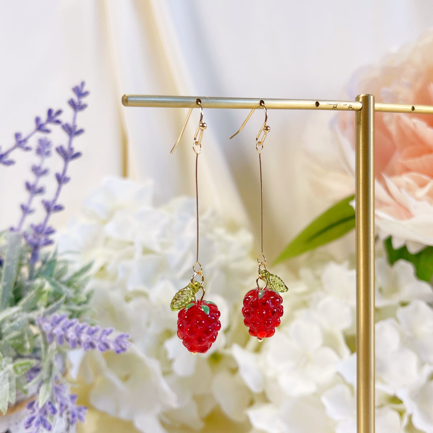 E229 red raspberry earrings, dangle earrings, fruit earrings