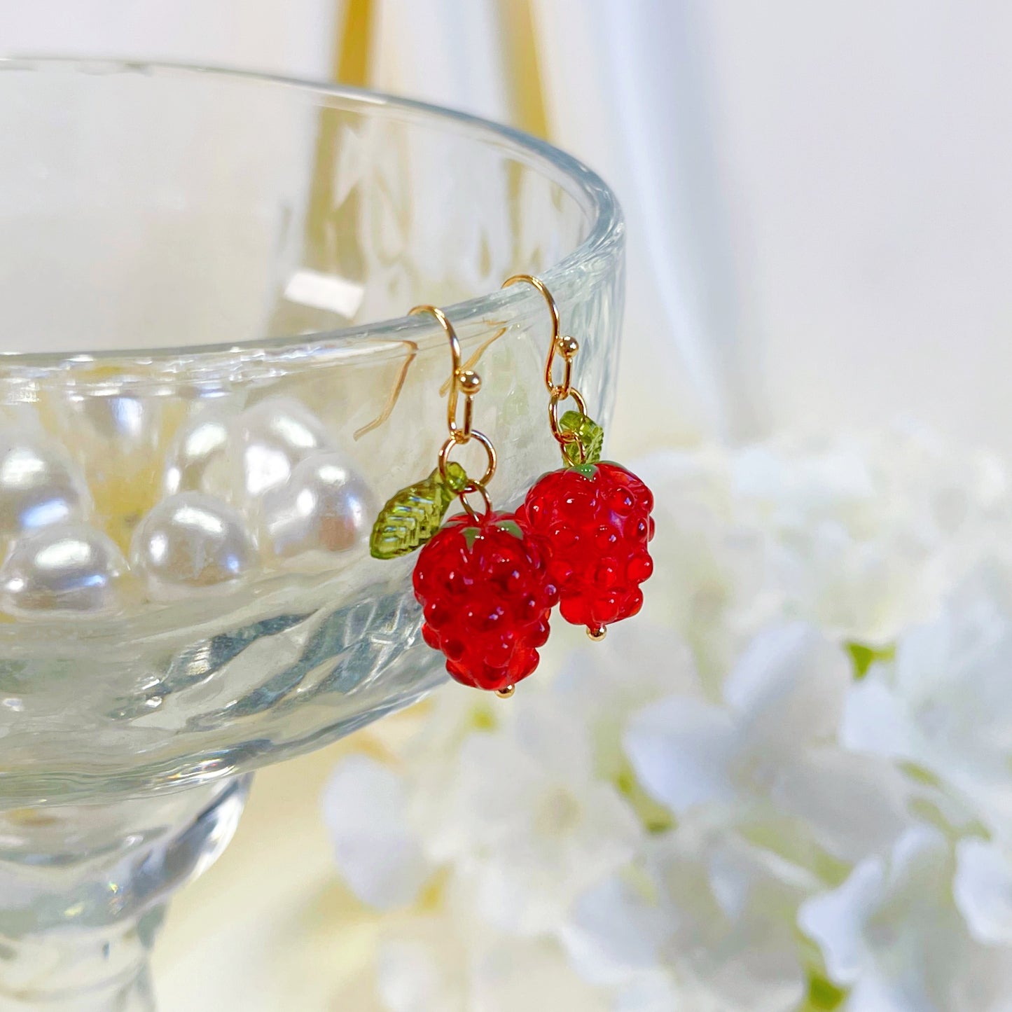 E229 red raspberry earrings, dangle earrings, fruit earrings