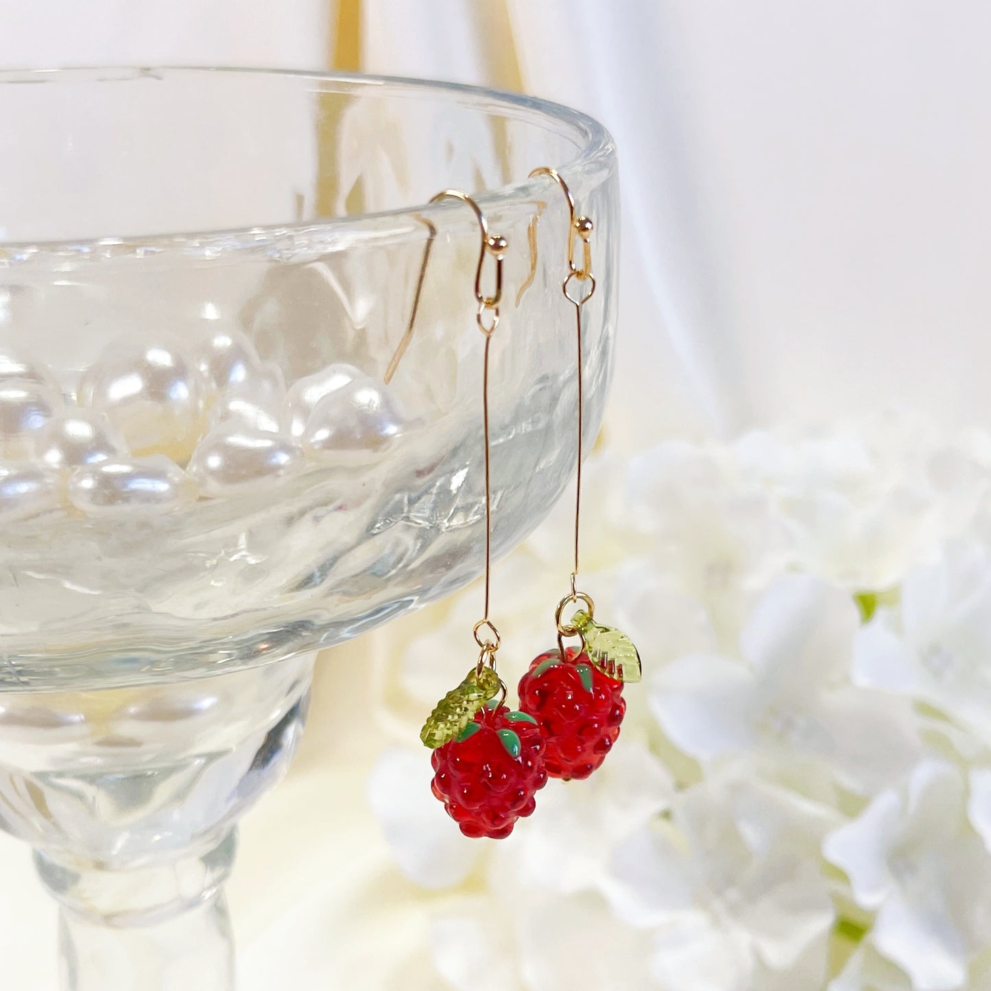 E229 red raspberry earrings, dangle earrings, fruit earrings