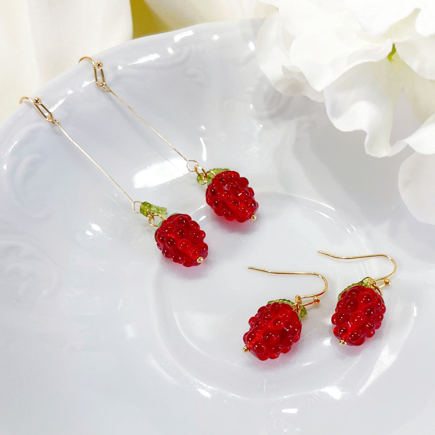 E229 red raspberry earrings, dangle earrings, fruit earrings