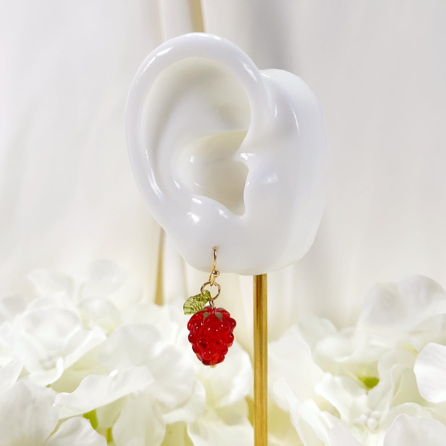 E229 red raspberry earrings, dangle earrings, fruit earrings