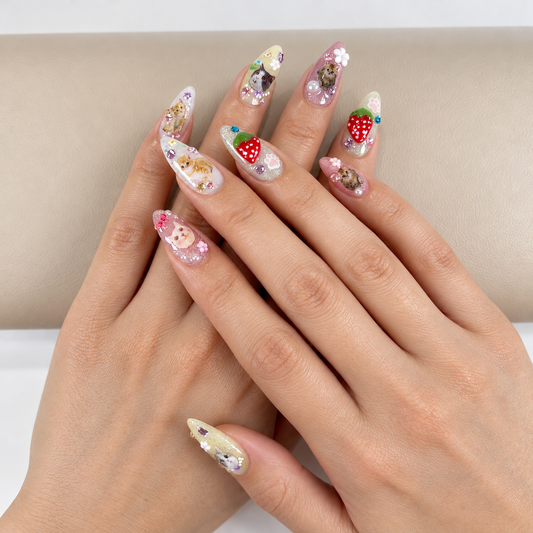 Pink & yellow cute cat strawberry press on nails PO225