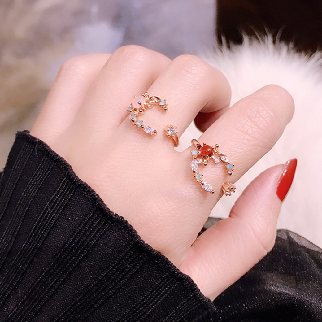 R020 rose gold moon star crystal gem adjustable ring sale
