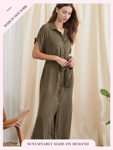 Theia Sleeveless Long Maxi Dress With Pockets-Olive