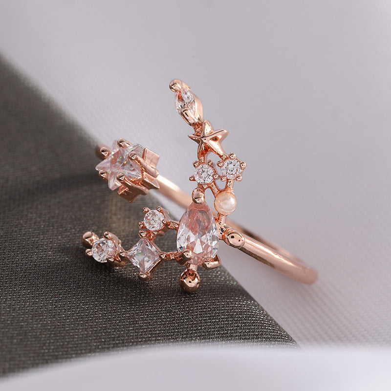 R025 rose gold moon star crystal gem adjustable ring sale