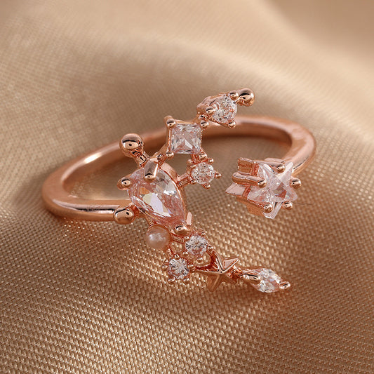 R025 rose gold moon star crystal gem adjustable ring sale